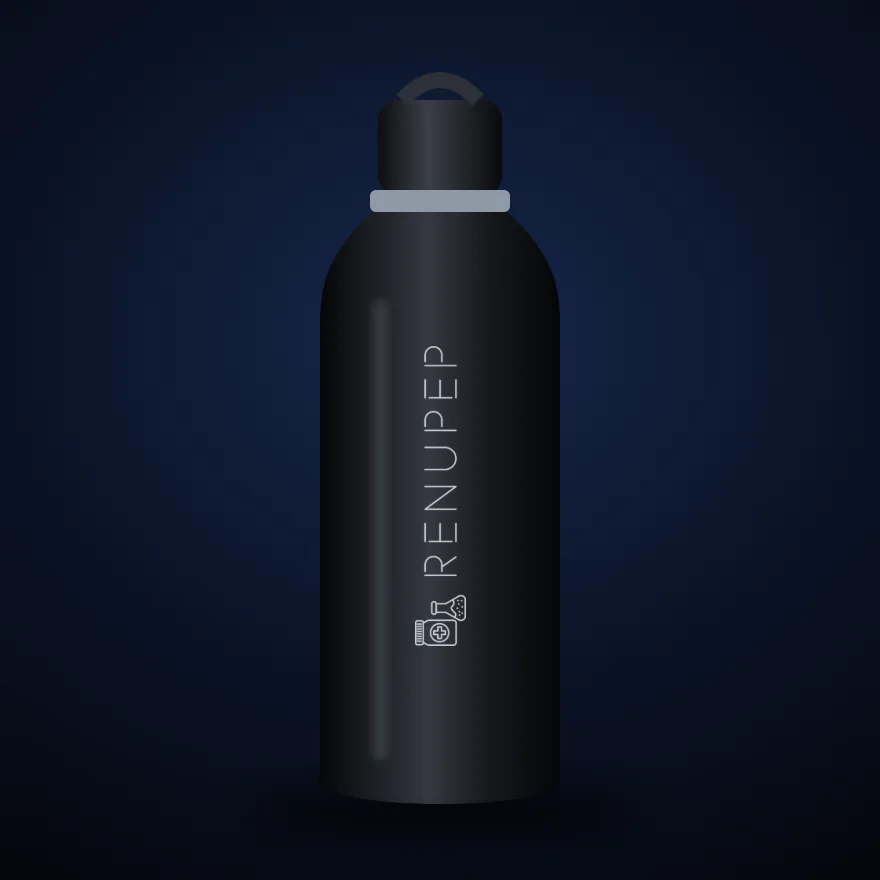 Insulated Bottle mockup: steel bottle in matte black with RenuPep artwork