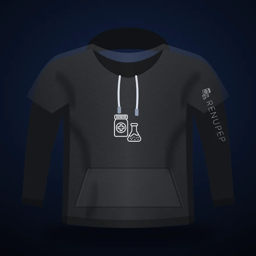 Lab Hoodie mockup: pullover hoodie in black with RenuPep artwork
