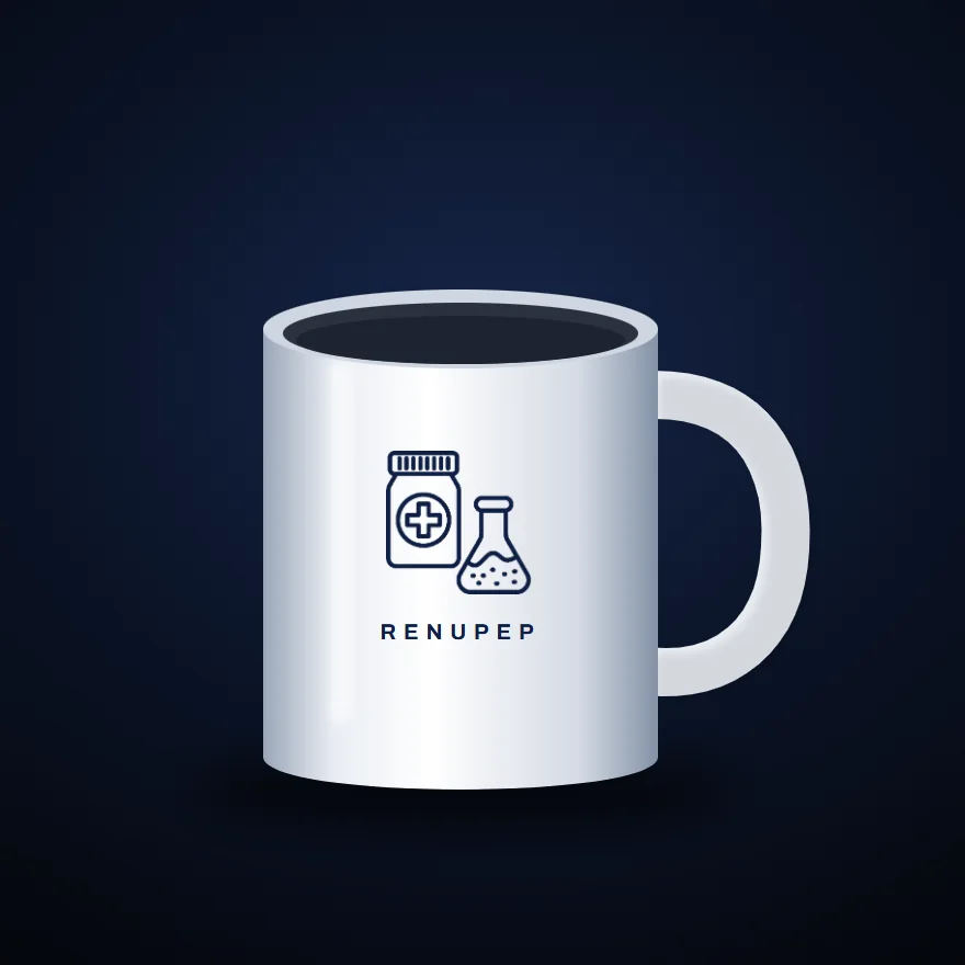 Bench Mug mockup: ceramic mug in white with RenuPep artwork