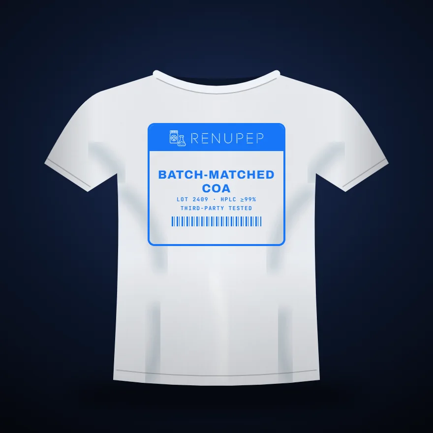 Lot Tested Tee mockup: heavyweight tee in white with RenuPep artwork