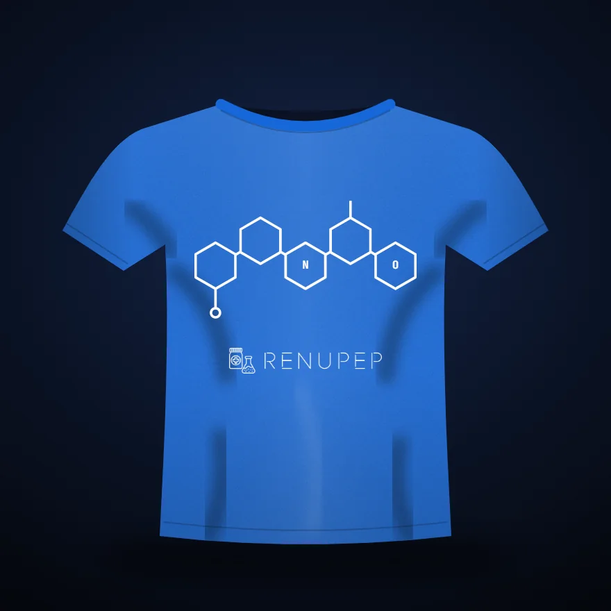 Molecule Tee mockup: heavyweight tee in brand blue with RenuPep artwork