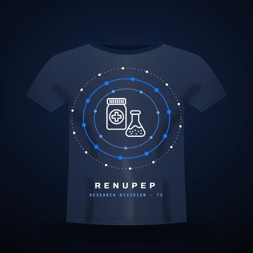 Orbit Tee mockup: heavyweight tee in midnight navy with RenuPep artwork