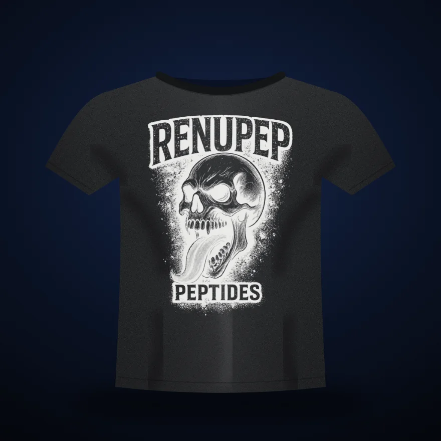 Skull Tee mockup: heavyweight tee in black with RenuPep artwork