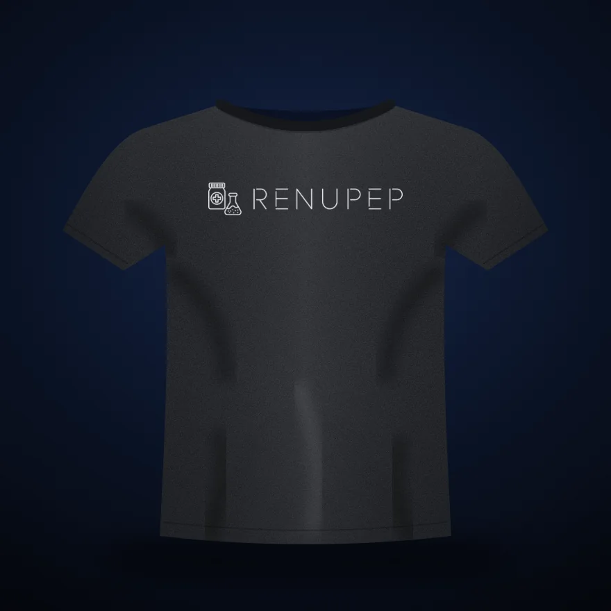 Wordmark Tee mockup: heavyweight tee in black with RenuPep artwork