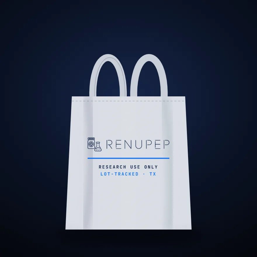 Lab Tote mockup: canvas tote in light grey with RenuPep artwork
